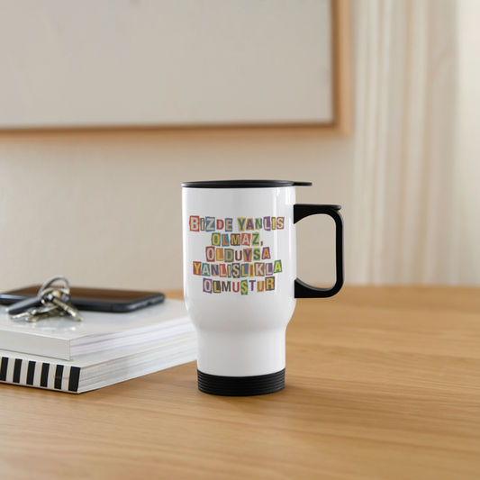 Thermobecher mit Tragegriff „Bizde Yanlış Olmaz“ – Stylischer Edelstahlbecher 414 ml - Weiß
