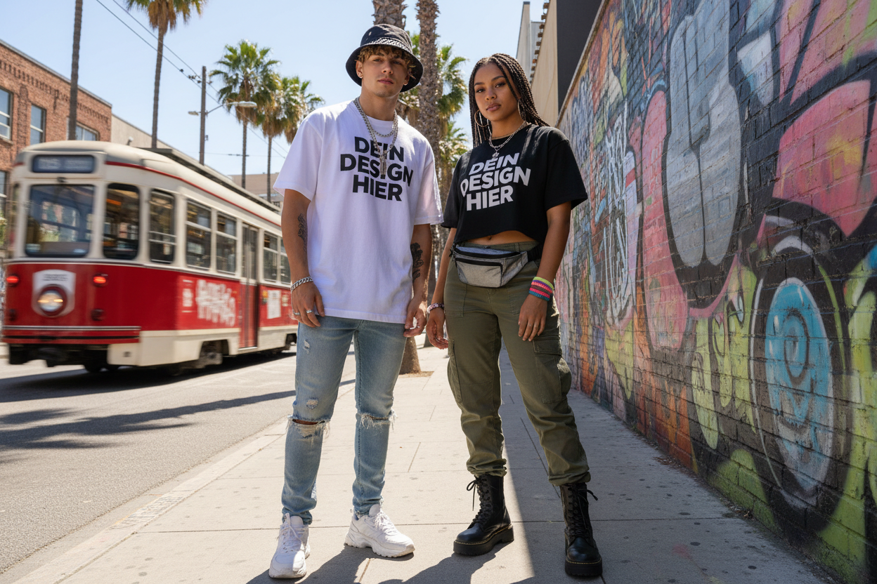 Two young people dressed in street style. Both are wearing T-shirts. The T-shirts have "Dein Design hier" written on them in capital letters.